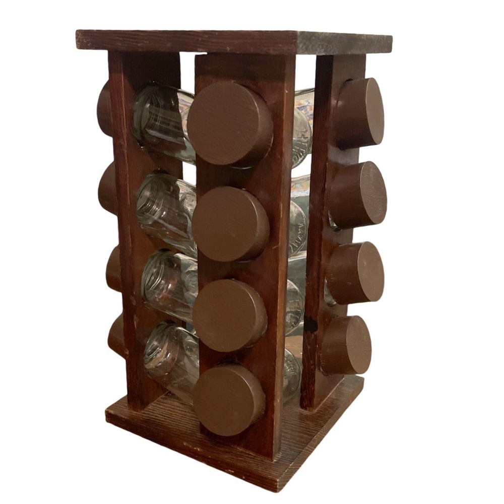 Vtg 70's Wooden Rotating Spice 16 Glass‎ Jars Granny Farmhouse Cottage Rustic